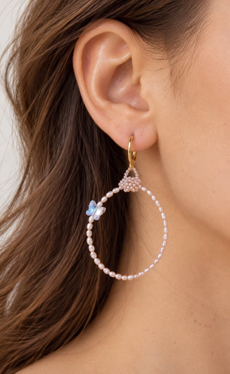 FRESHWATER PINK PEARL EARRINGS MEDIUM WITH SWAROVSKI & BUTTERFLY