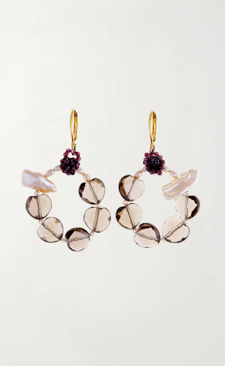 SMOKY QUARTZ EARRINGS WITH GARNET & PEARLS