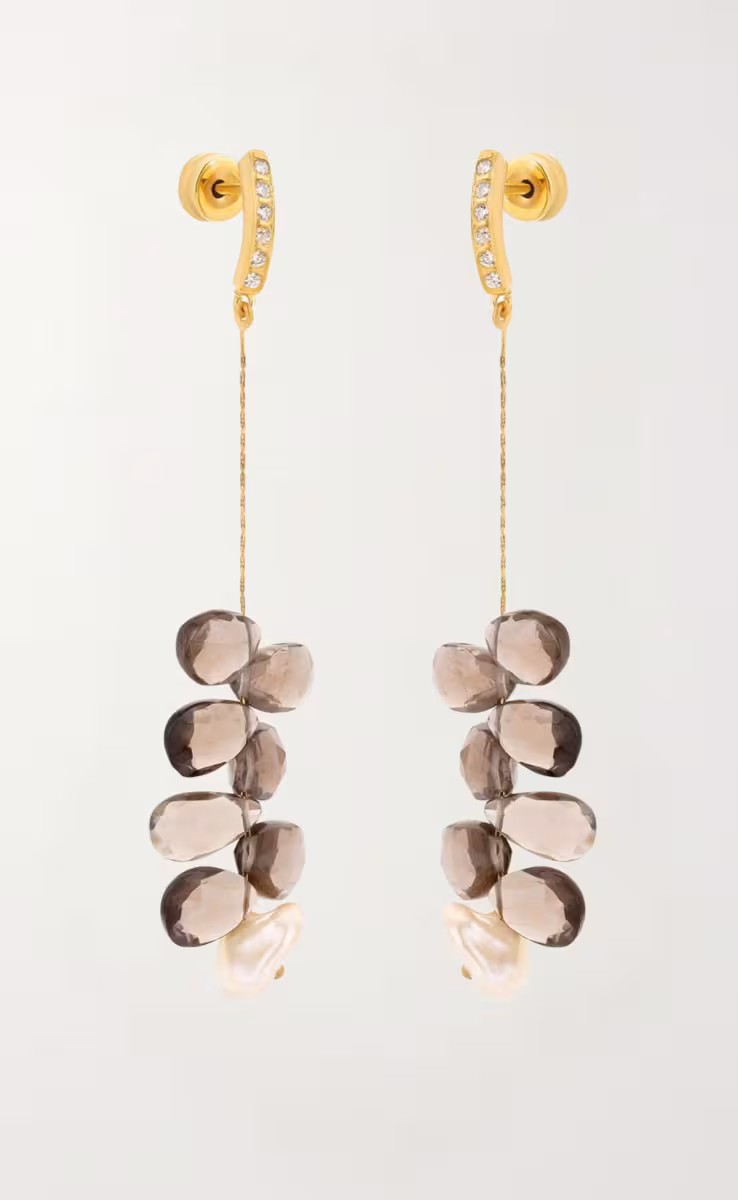 24K GOLD-PLATED 925 SILVER EARRINGS WITH FRESHWATER PEARLS AND SMOKY QUARTZ