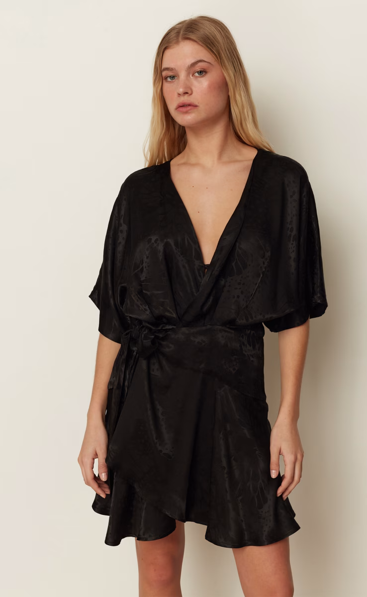 WRAPPED RUFFLE DRESS BLACK O/S