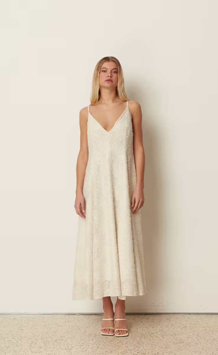SEQUINED FLARED DRESS WHITE