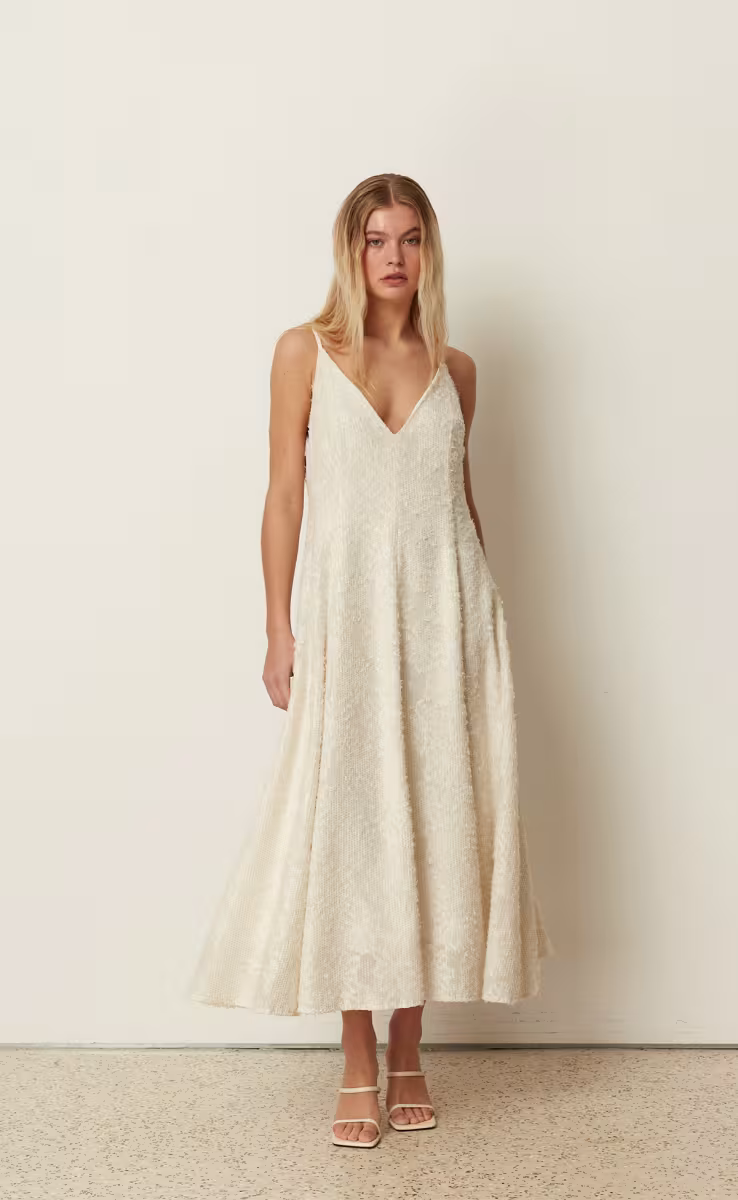 SEQUINED FLARED DRESS WHITE