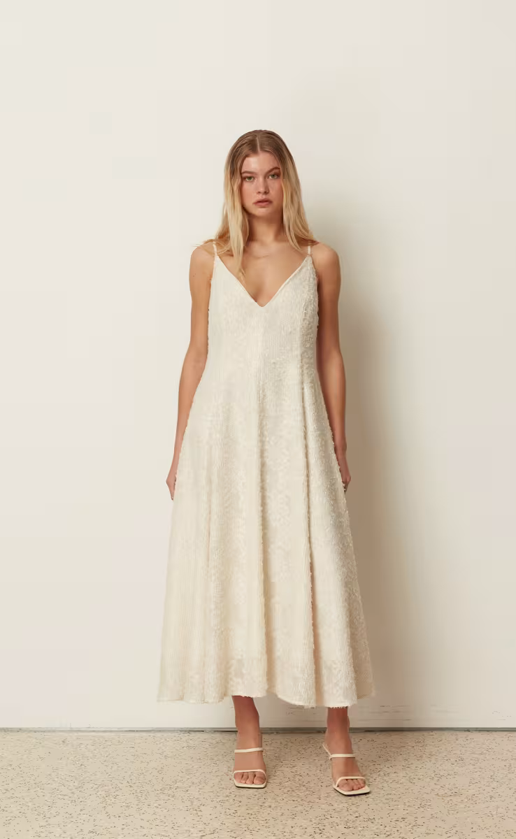 SEQUINED FLARED DRESS WHITE