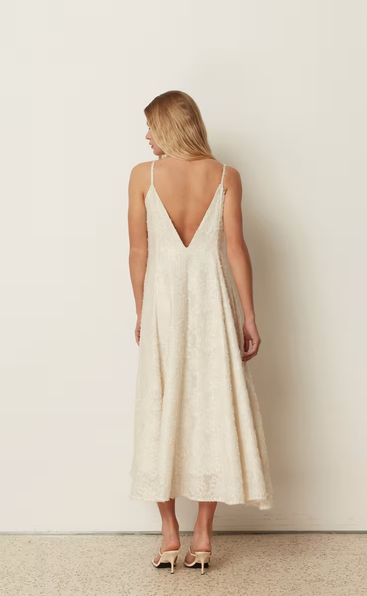 SEQUINED FLARED DRESS WHITE