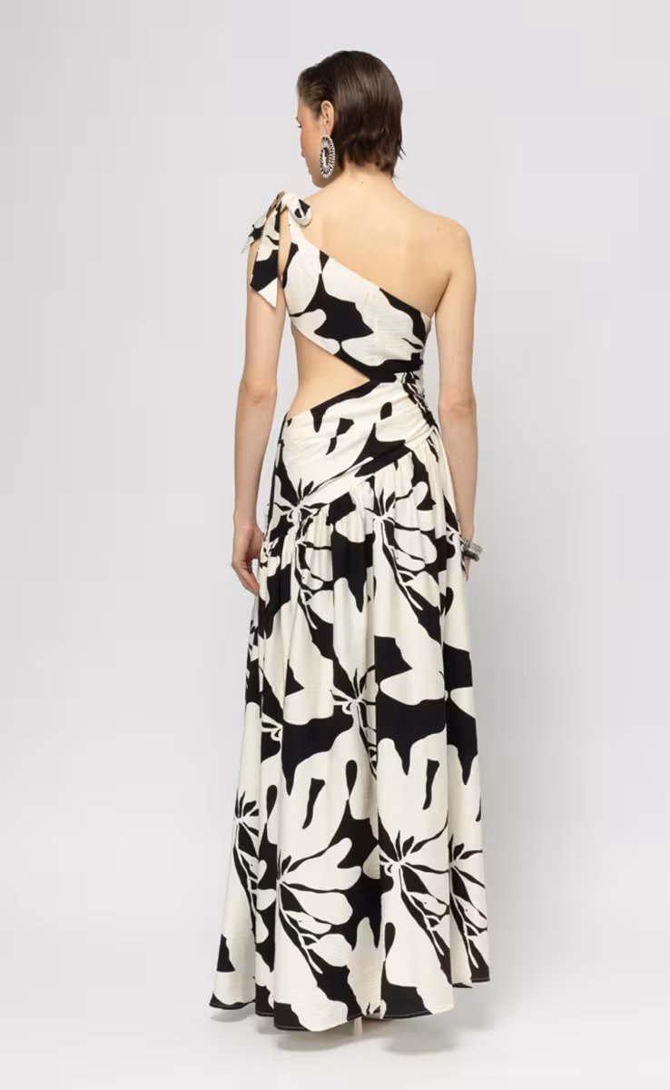 LA PALMA ONE SHOULDER DRESS/SIDE OPENING B&W
