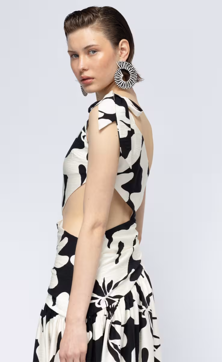 LA PALMA ONE SHOULDER DRESS/SIDE OPENING B&W