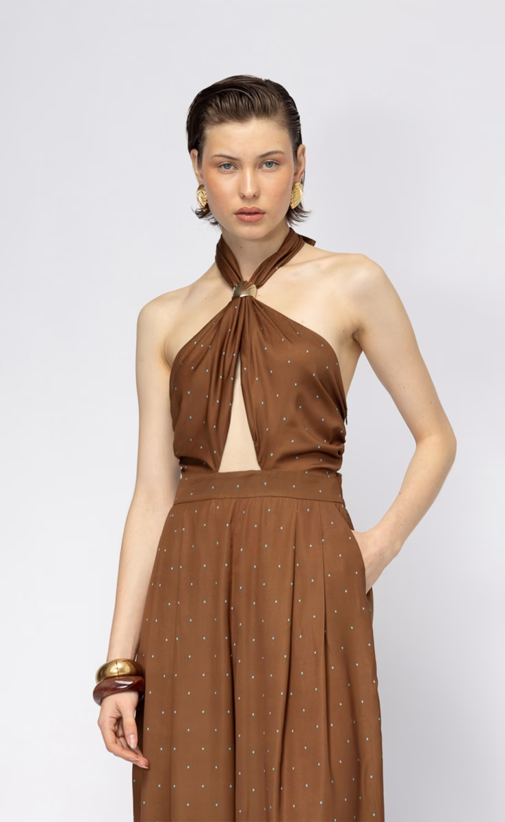 DRAGON FRUIT POLKA DOT JUMPSUIT WITH SHELL BROWN