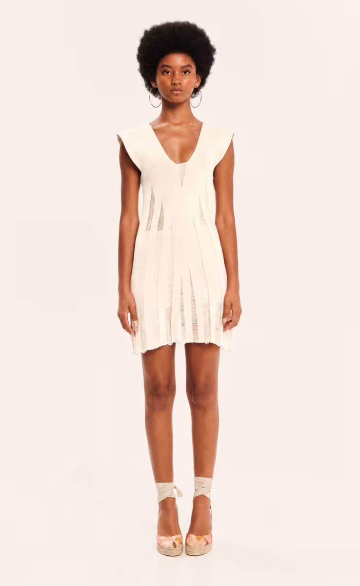 KNIT V-NECKLINE MINI DRESS ECRU