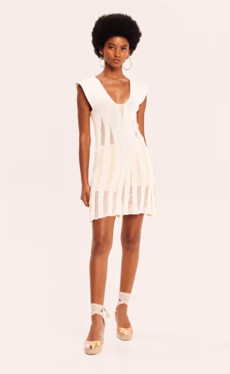 KNIT V-NECKLINE MINI DRESS ECRU