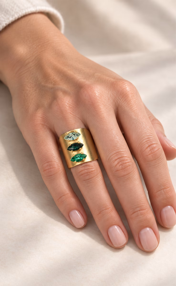 TRIPLE GREEN CRYSTALS GOLD PLATED RING