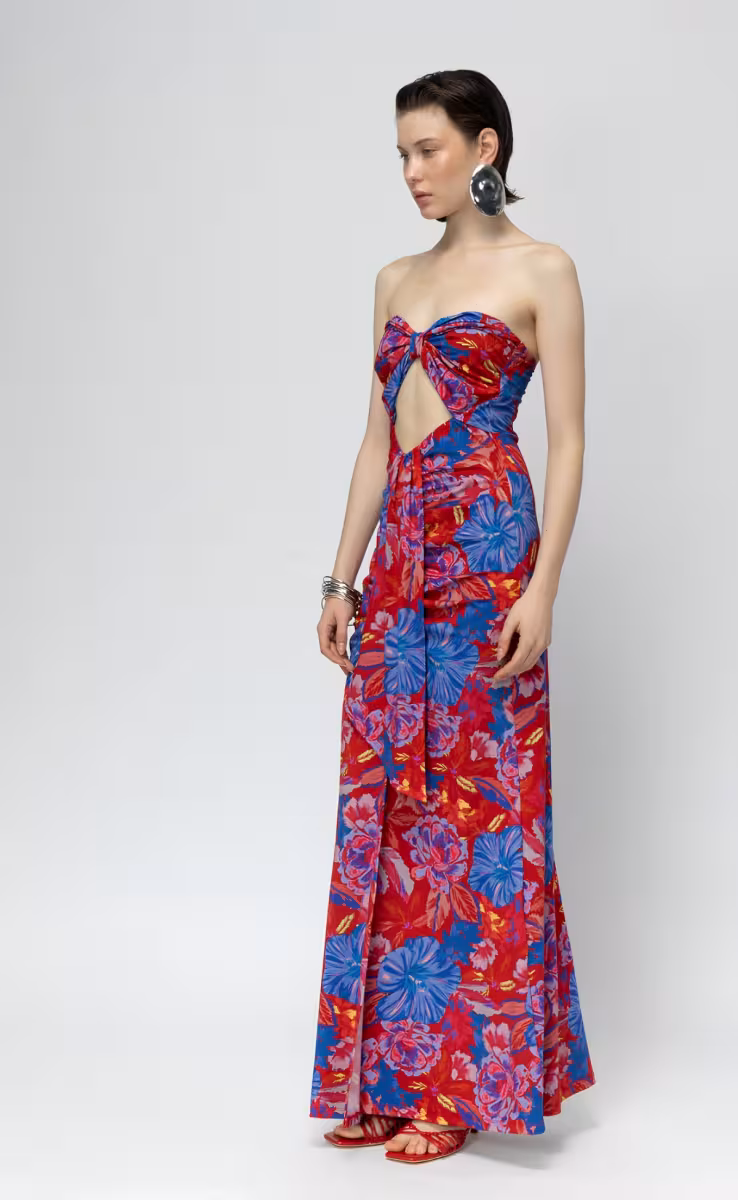 SAINT TROPEZ STRAPLESS MAXI DRESS WITH AN OPEN BELLY RED FLORAL