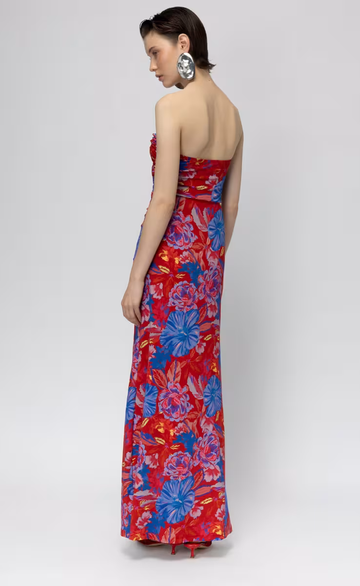 SAINT TROPEZ STRAPLESS MAXI DRESS WITH AN OPEN BELLY RED FLORAL