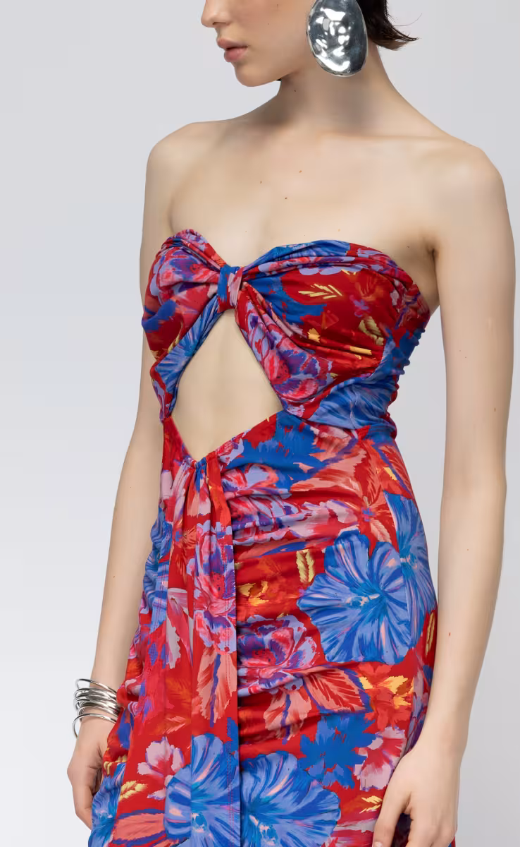 SAINT TROPEZ STRAPLESS MAXI DRESS WITH AN OPEN BELLY RED FLORAL