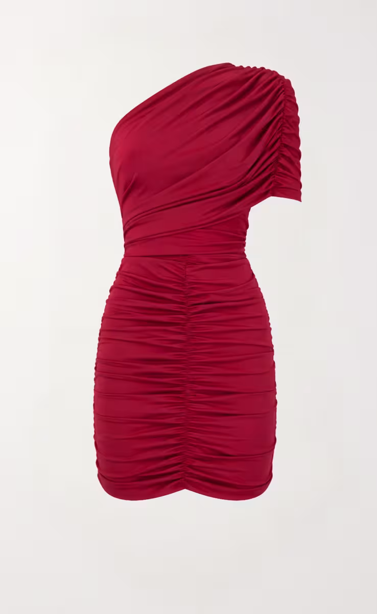 KALANI RUCHED MINI DRESS WITH ONE SHOULDER CHERRY