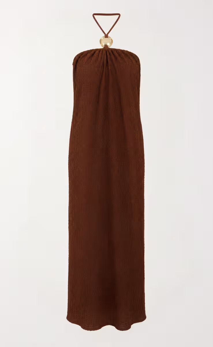 COCONUT STRAPLESS DRESS WITH ROUND JEWELRY AT THE CENTER BROWN