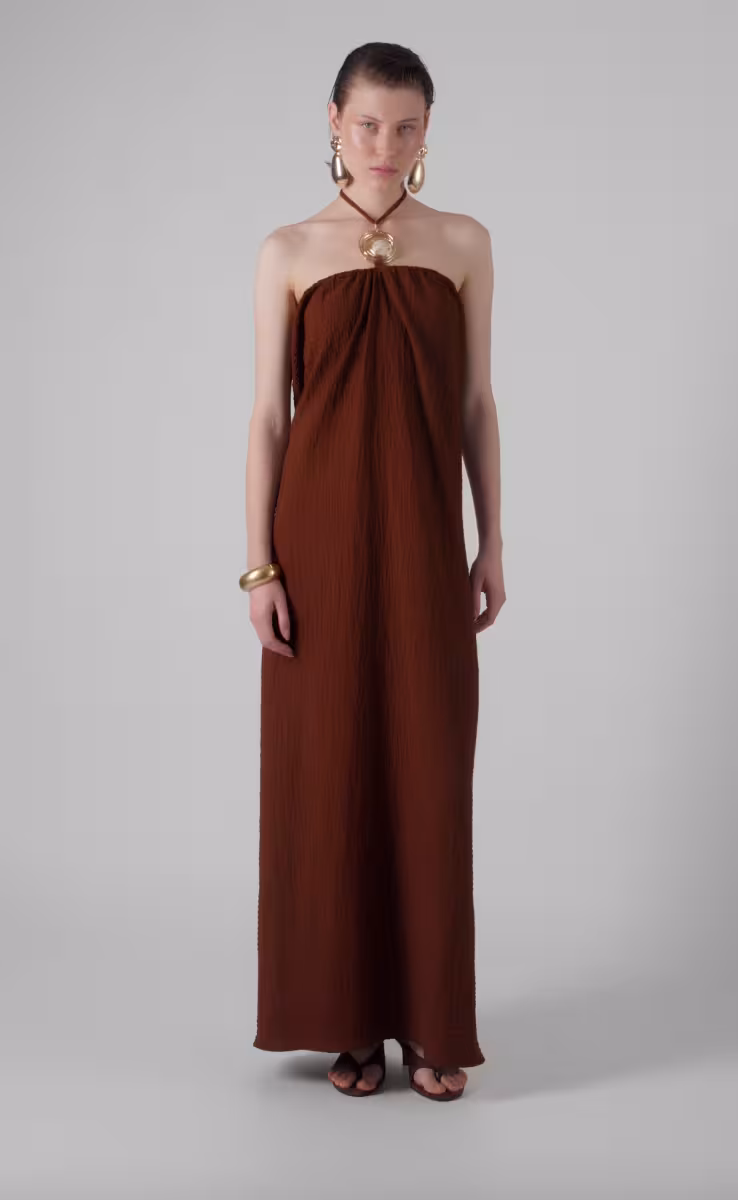 COCONUT STRAPLESS DRESS WITH ROUND JEWELRY AT THE CENTER BROWN