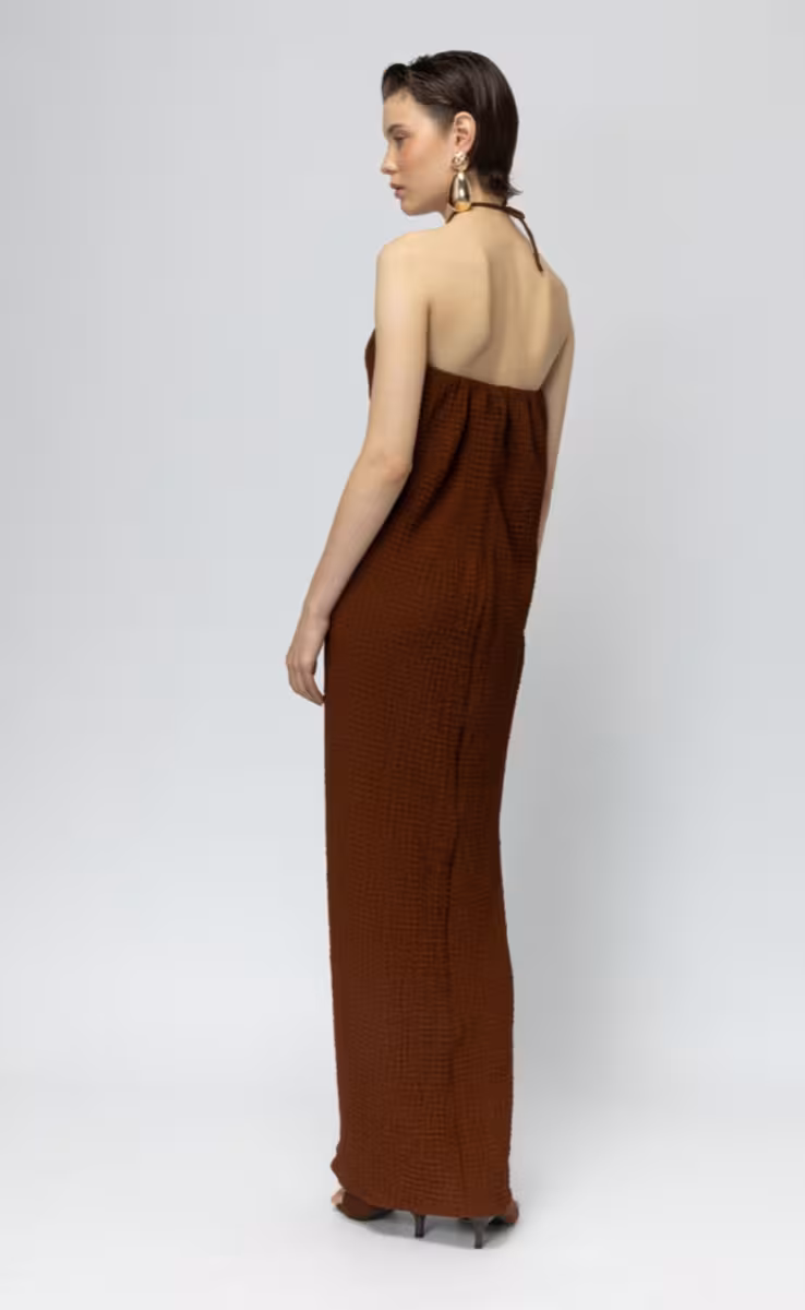 COCONUT STRAPLESS DRESS WITH ROUND JEWELRY AT THE CENTER BROWN