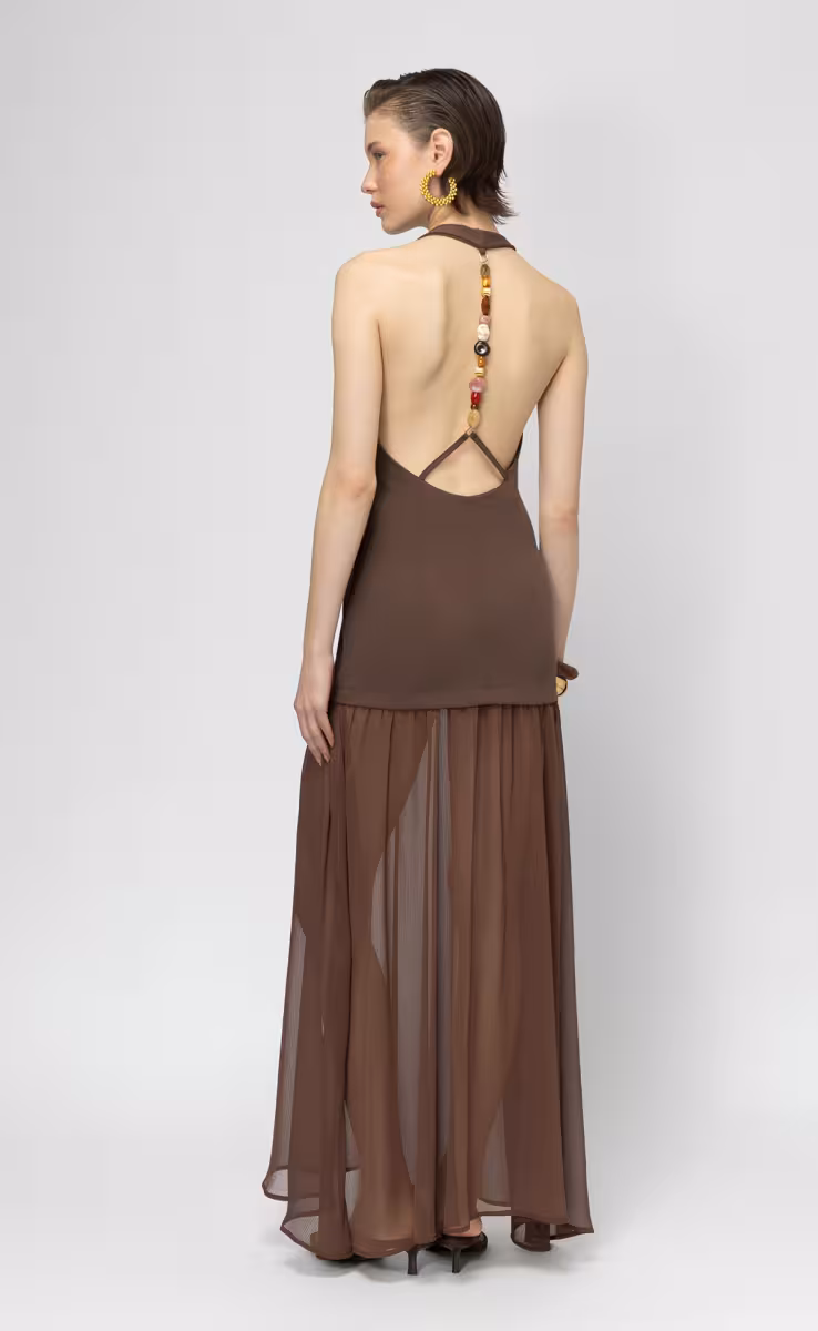 NECTARA MAXI DRESS WITH BEADS STRING AT THE BACK BROWN