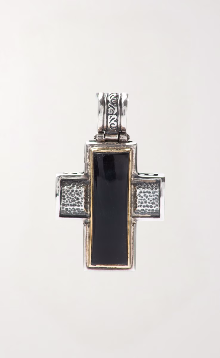 STERLING SILVER & 18K GOLD CROSS WITH ROCK CRYSTAL AND HAWK'S EYE