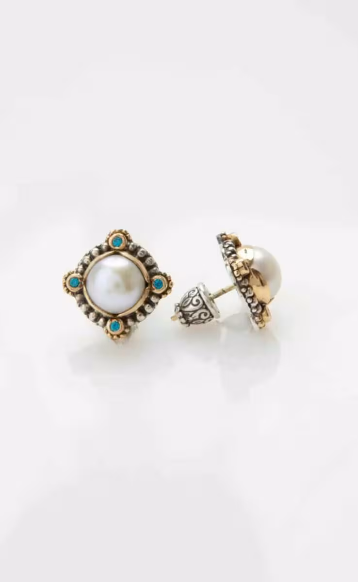 STUD EARRINGS WITH BLUE SPINEL & PEARL GEMSTONES
