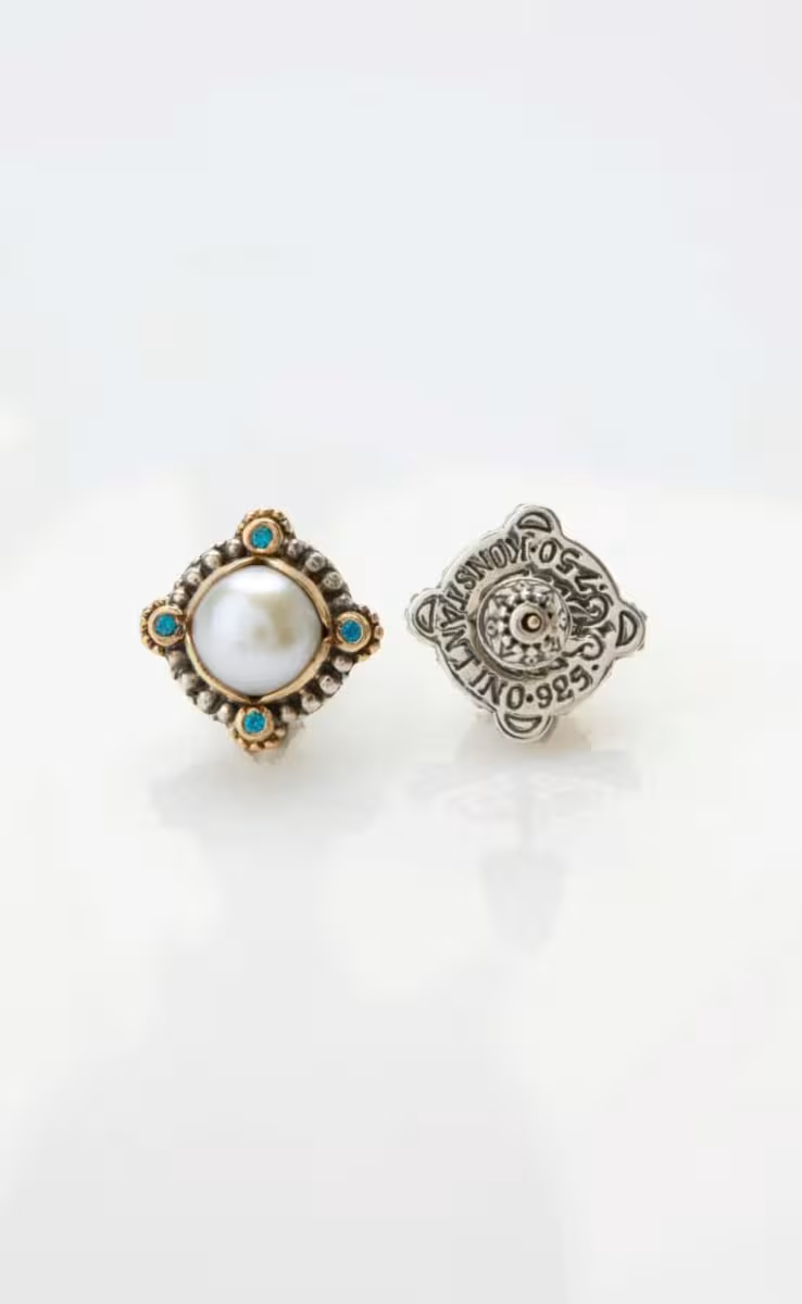 STUD EARRINGS WITH BLUE SPINEL & PEARL GEMSTONES