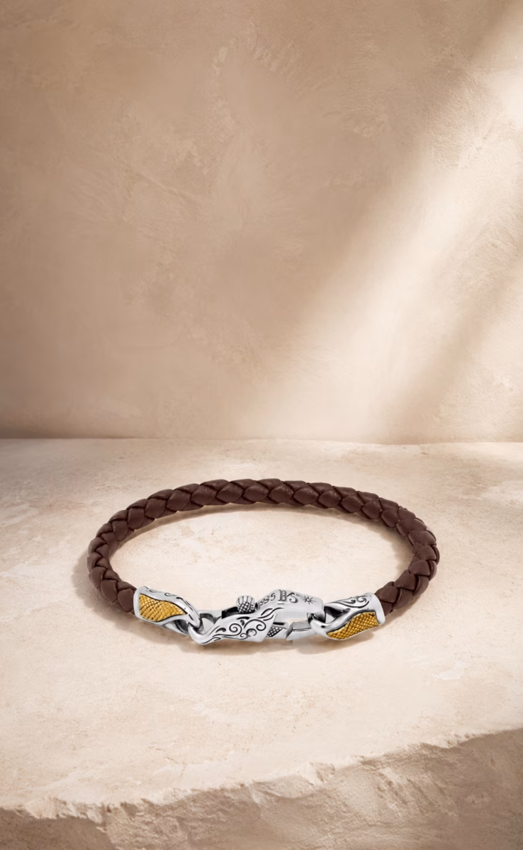 BROWN LEATHER BRACELET STERLING SILVER & BRONZE