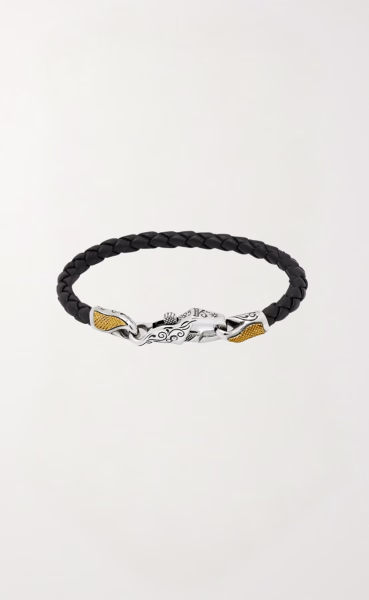 BLACK LEATHER BRACELET STERLING SILVER & BRONZE