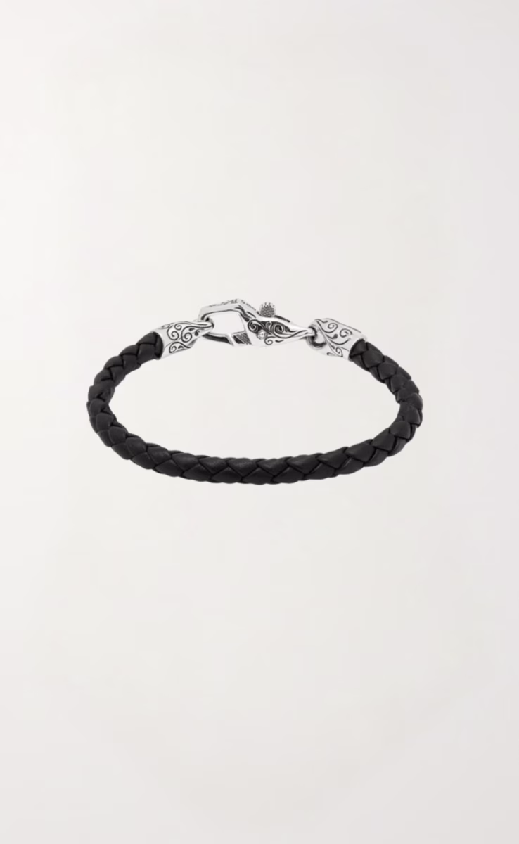 BLACK LEATHER BRACELET STERLING SILVER & BRONZE