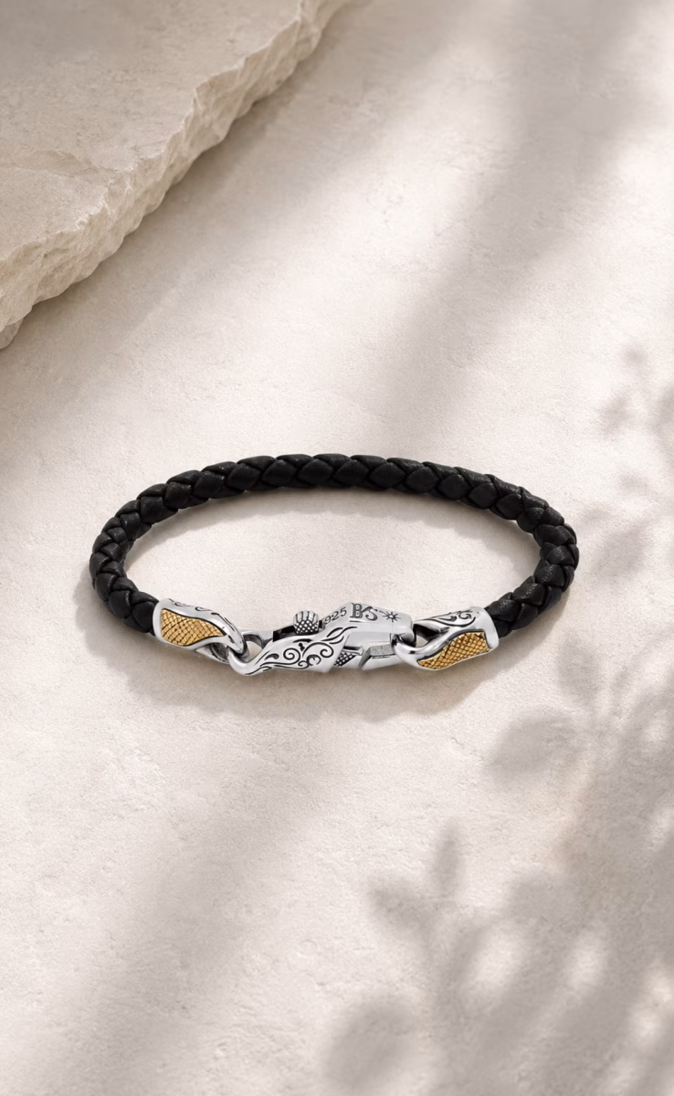BLACK LEATHER BRACELET STERLING SILVER & BRONZE