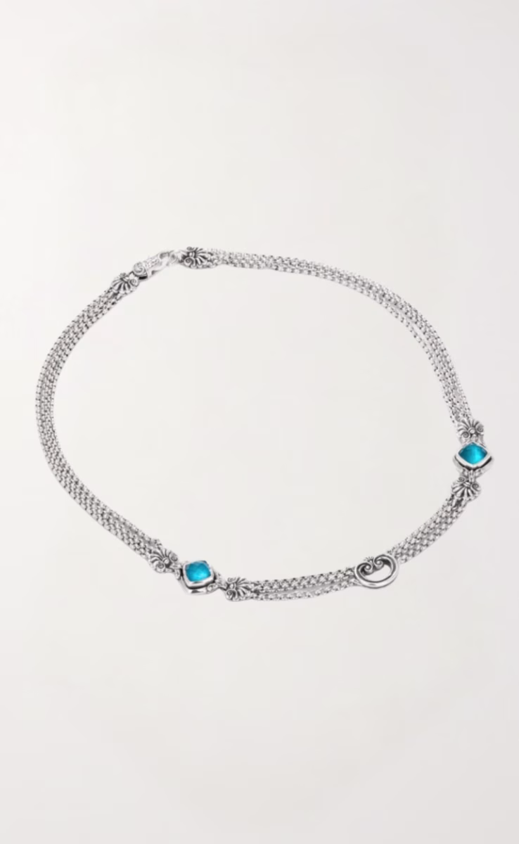 NECKLACE STERLING SILVER 925 WITH ROCK CRYSTAL MARINE BLUE SPINEL & MOTHER OF PEARL TRIPLET