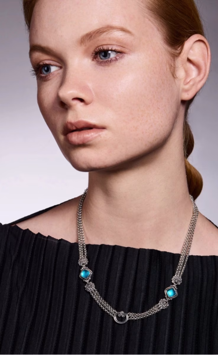 NECKLACE STERLING SILVER 925 WITH ROCK CRYSTAL MARINE BLUE SPINEL & MOTHER OF PEARL TRIPLET