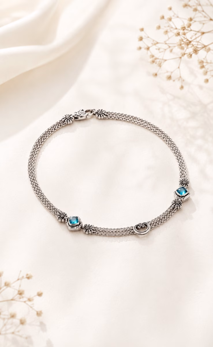NECKLACE STERLING SILVER 925 WITH ROCK CRYSTAL MARINE BLUE SPINEL & MOTHER OF PEARL TRIPLET