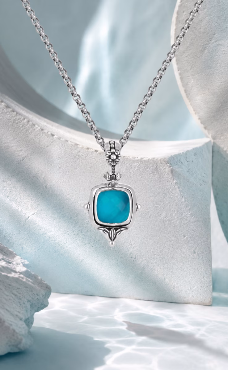 PENDANT STERLING SILVER 925 WITH ROCK CRYSTAL BLUE MARINE SPINEL & MOTHER OF PEARL TRIPLET