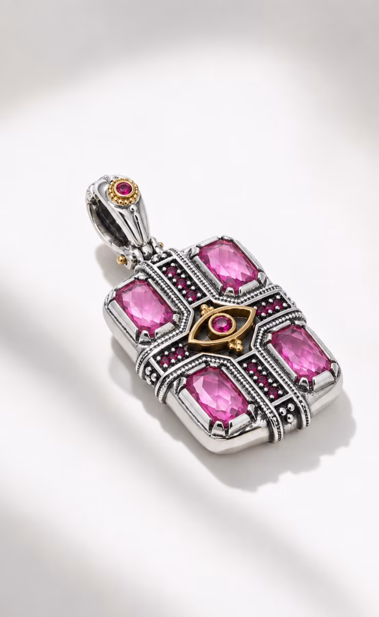 PENDANT STERLING SILVER 925, GOLD 18K WITH FLUX FUSION CORUNDUM & RED CRYSTALS