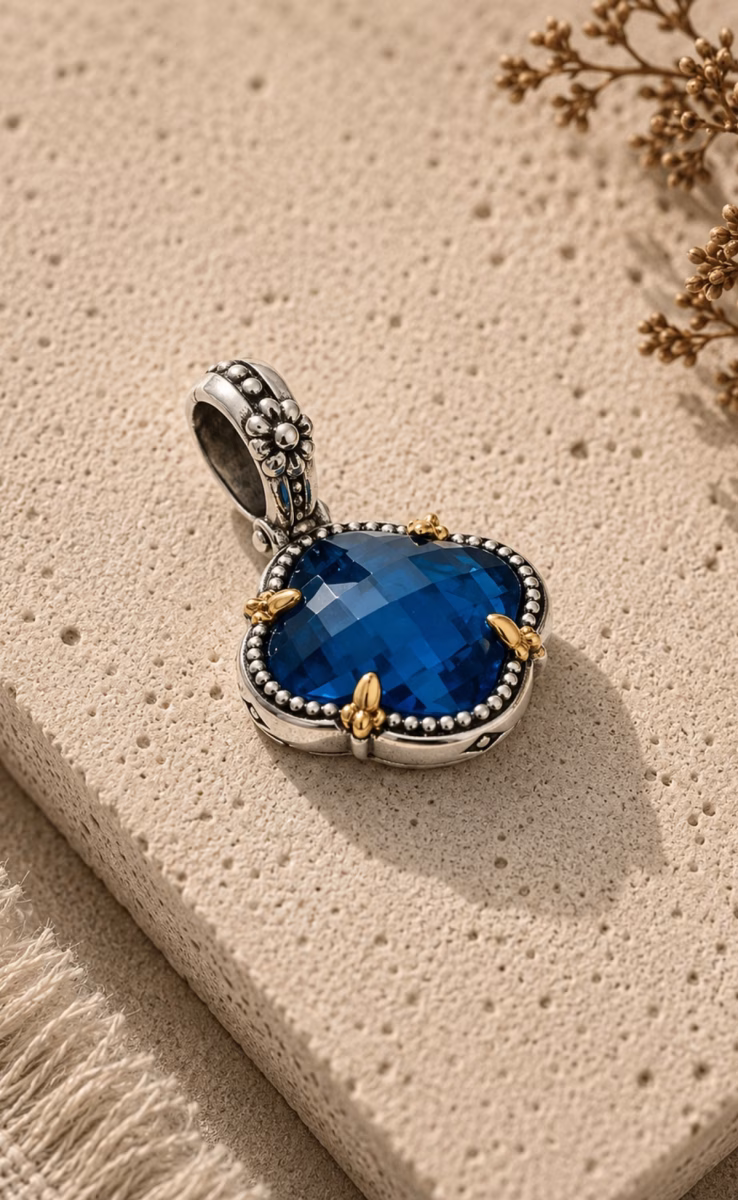 PENDANT STERLING SILVER 925, GOLD 18K WITH BLUE SPINEL