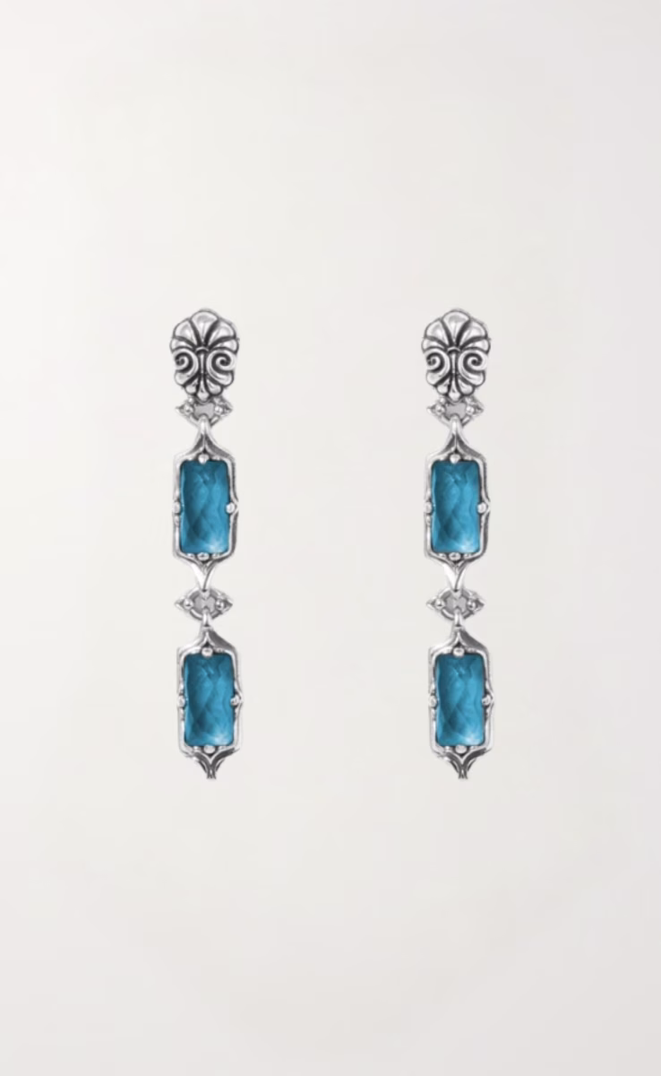 EARRINGS STERLING SILVER 925, GOLD 18K WITH ROCK CRYSTAL, BLUE MARINE SPINEL & MOTHER OF PEARL TRIPLET