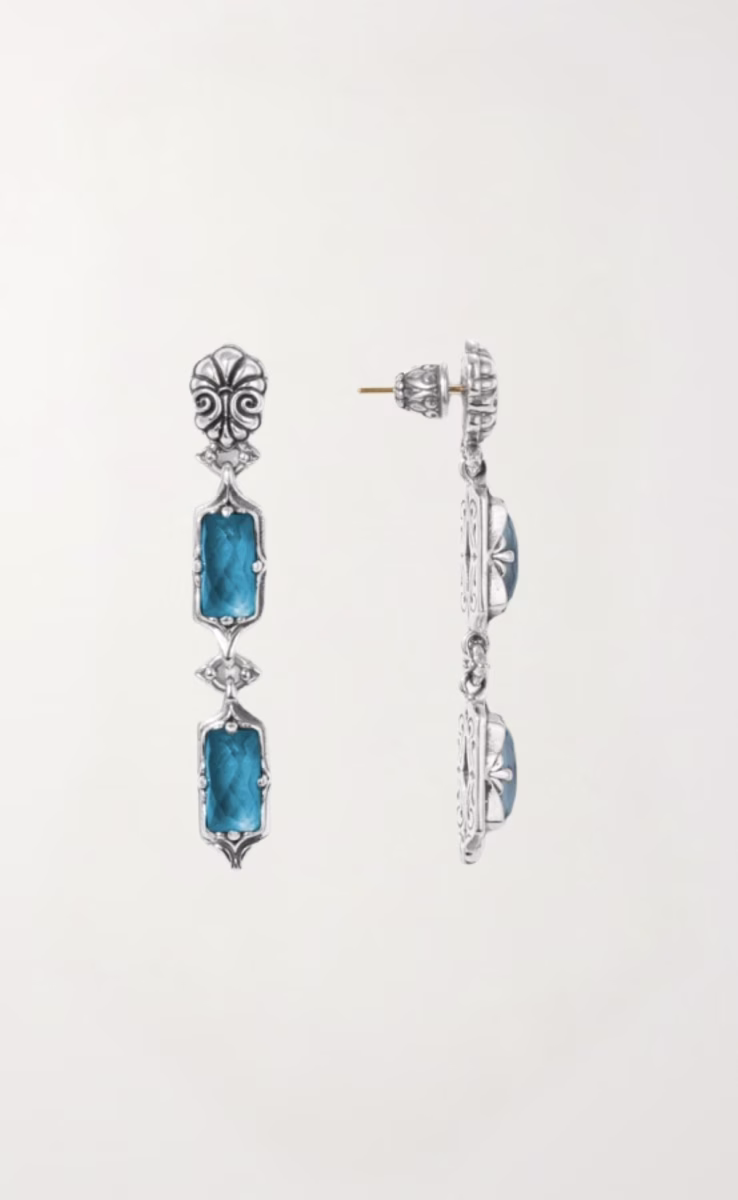 EARRINGS STERLING SILVER 925, GOLD 18K WITH ROCK CRYSTAL, BLUE MARINE SPINEL & MOTHER OF PEARL TRIPLET