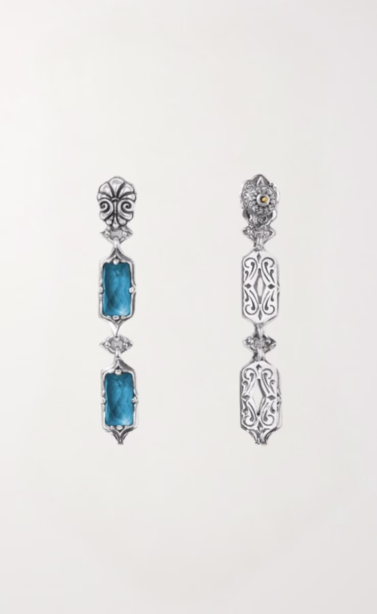 EARRINGS STERLING SILVER 925, GOLD 18K WITH ROCK CRYSTAL, BLUE MARINE SPINEL & MOTHER OF PEARL TRIPLET