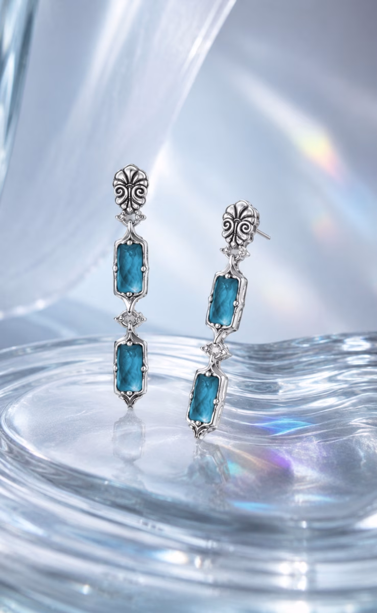 EARRINGS STERLING SILVER 925, GOLD 18K WITH ROCK CRYSTAL, BLUE MARINE SPINEL & MOTHER OF PEARL TRIPLET