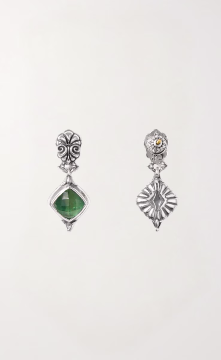 EARRINGS STERLING SILVER 925, GOLD 18K WITH ROCK CRYSTAL, AVENTURINE & MOTHER OF PEARL TRIPLET