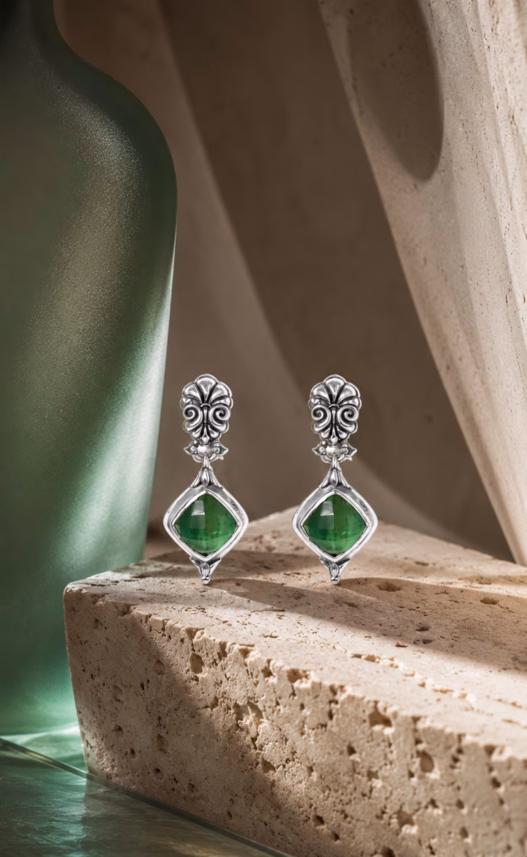 EARRINGS STERLING SILVER 925, GOLD 18K WITH ROCK CRYSTAL, AVENTURINE & MOTHER OF PEARL TRIPLET