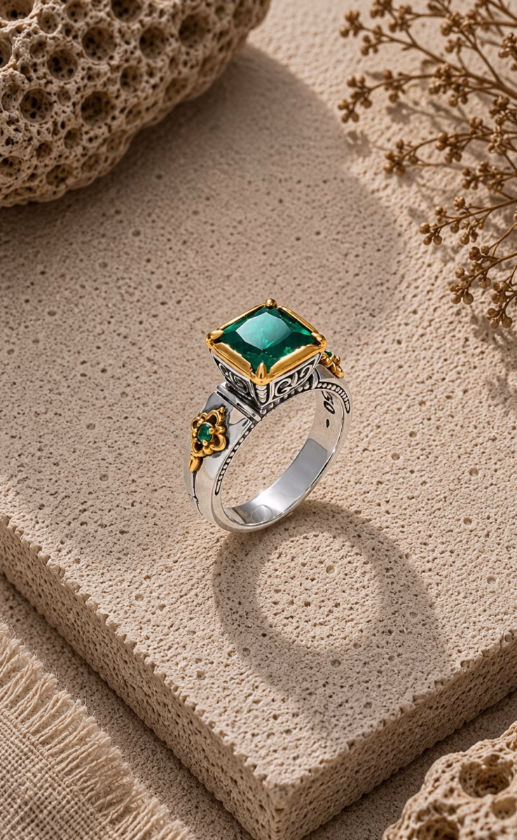 RING STERLING SILVER 925, GOLD 18k WITH GREEN SPINEL
