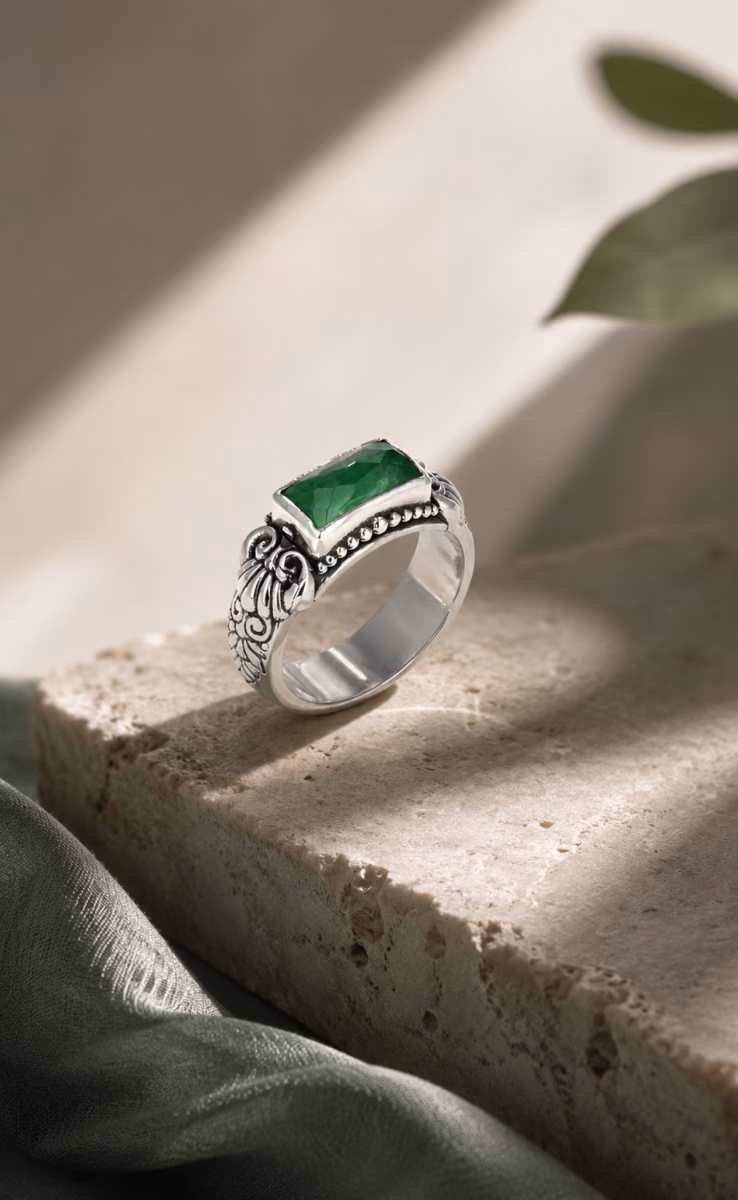 RING STERLING SILVER 925 WITH ROCK CRYSTAL, AVENTURINE & MOTHER OF PEARL TRIPLET