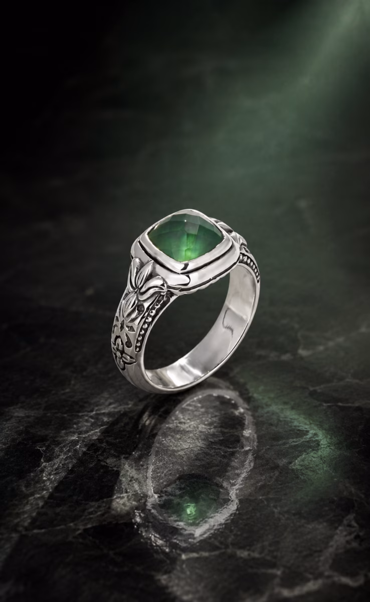RING STERLING SILVER 925 WITH ROCK CRYSTAL, AVENTURINE & MOTHER OF PEARL TRIPLET