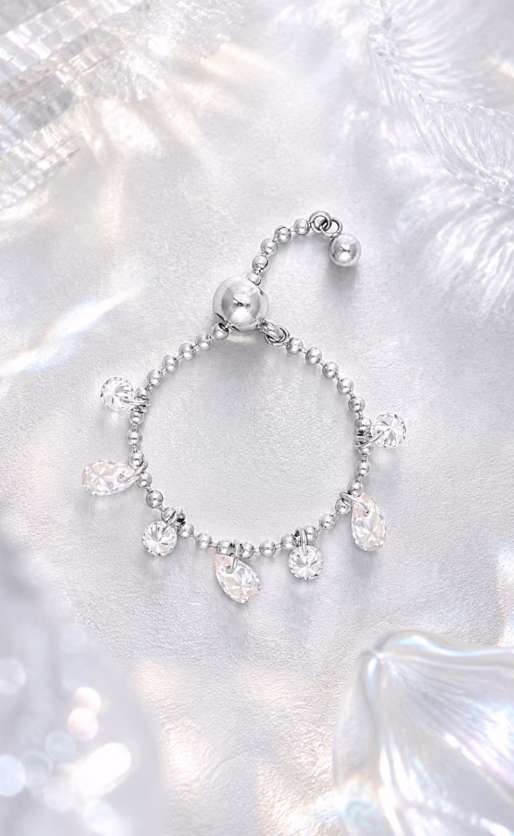 CRYSTAL DROP CHAIN RING SILVER