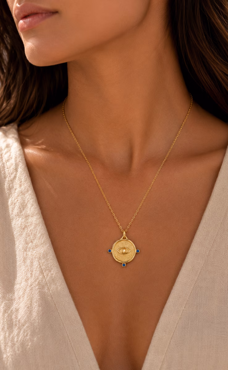 SMALL EYE TALISMAN BLUE ZIRCON NECKLACE