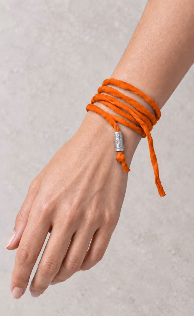 EYE CHARM SILK CORD BRACELET/NECKLACE ORANGE STERLING SILVER