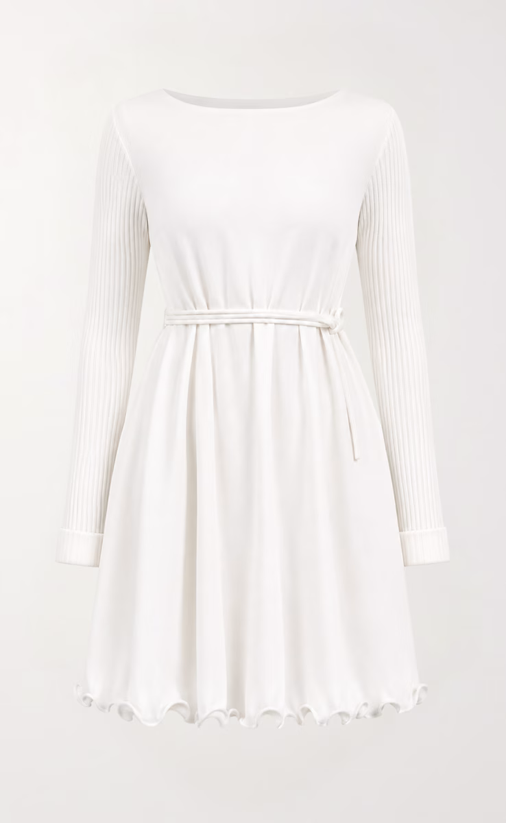 LONGSLEEVE DRESS W26243 WITH BELT AND FRILLED HEM OFF WHITE