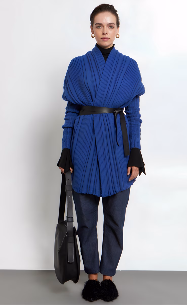 KNIT CARDIGAN W26920 WITH BACK TWIST BLUE AURA