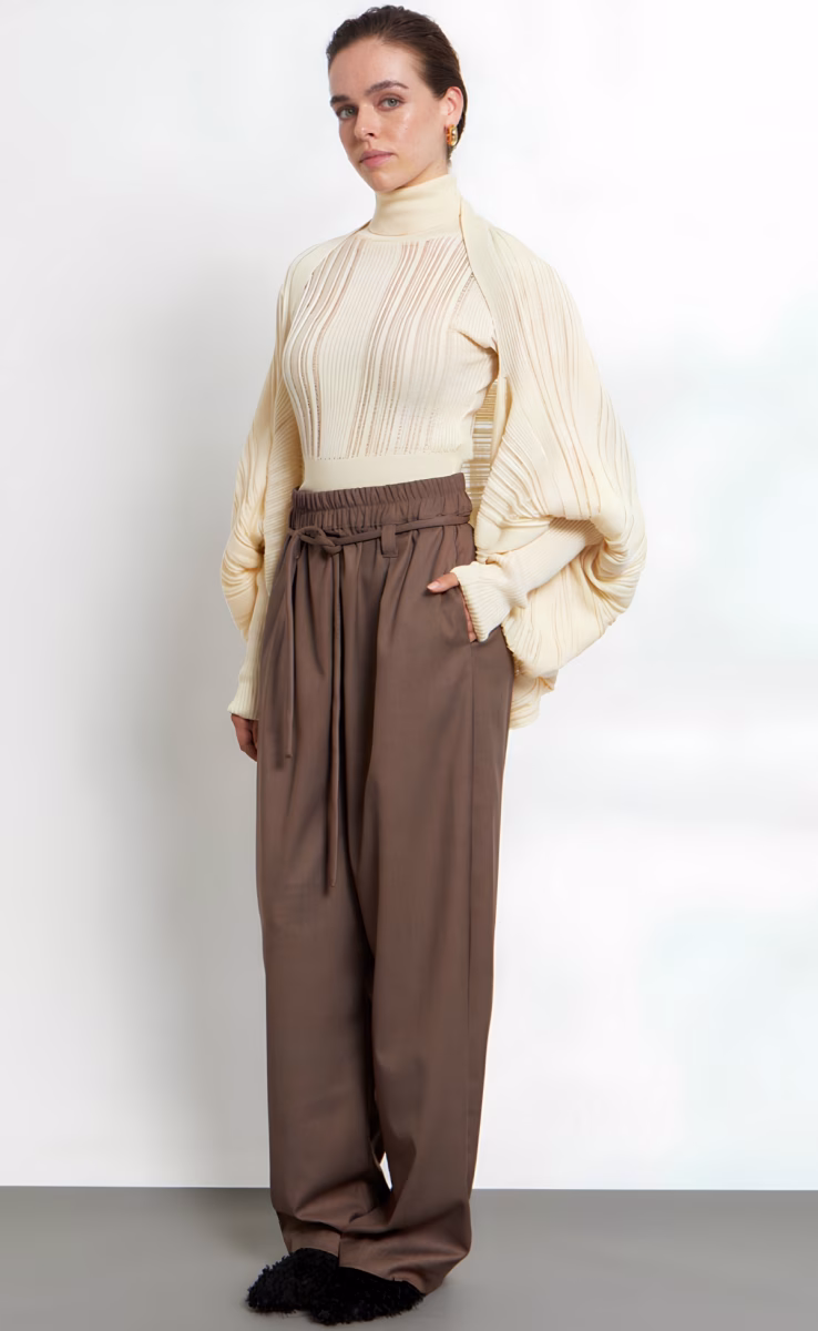 KNIT HIGH NECK BLOUSE W26937 WITH PUFFED SLEEVES ECRU